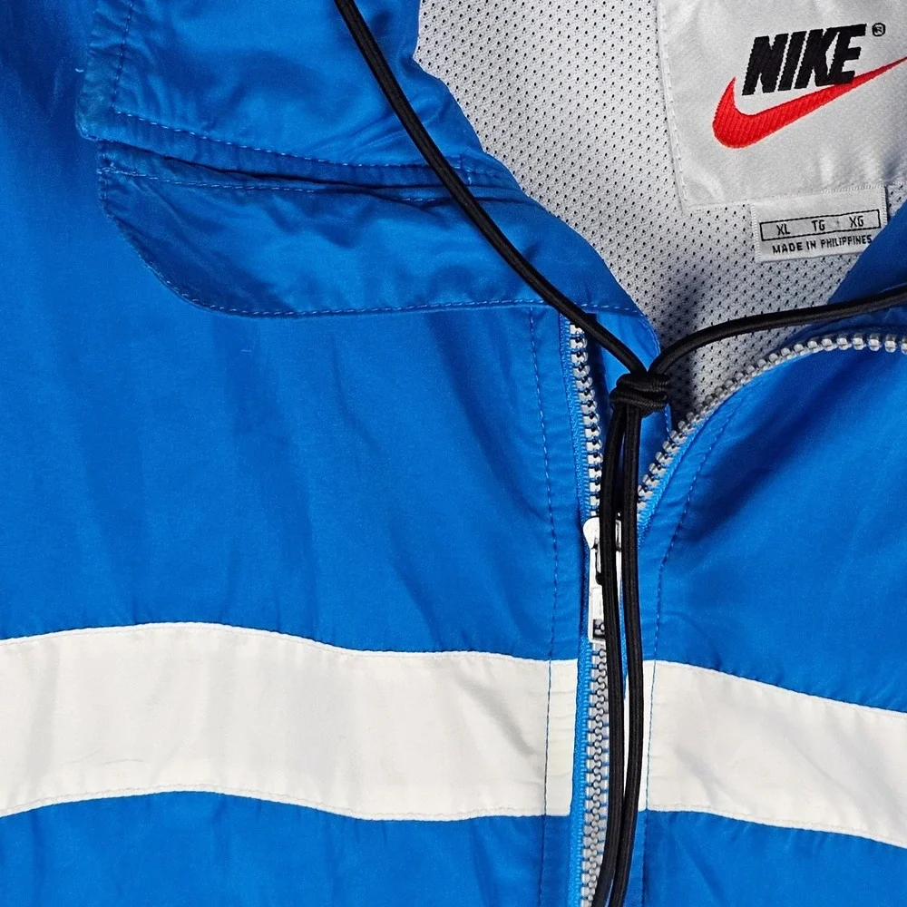 VTG Nike Team Sports Windbreaker Coat Mens XL‎ Blue White Swoosh Hooded Full Zip